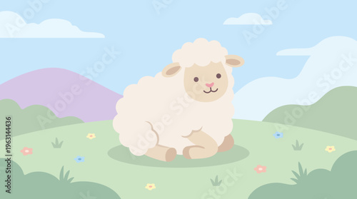 Adorable fluffy sheep resting peacefully on a vibrant green pasture under a blue sky.