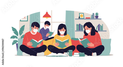Group of young friends wearing protective face masks while sitting together on a comfortable sofa and reading books for study.