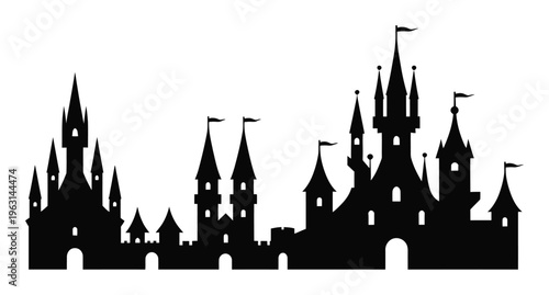 Silhouette of a fantasy castle with multiple towers and flags against a white background