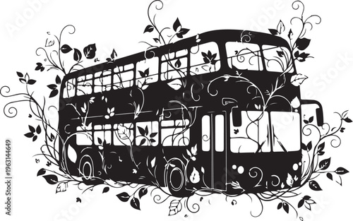 Black silhouette of a double decker bus with leafy vines