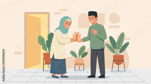 Generous Young Man Giving Gifts to Elderly Woman in Home.