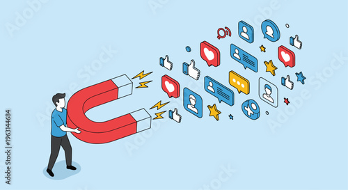 Marketing concept featuring a man holding a giant red horseshoe magnet to attract social media likes, follows, and engagement.