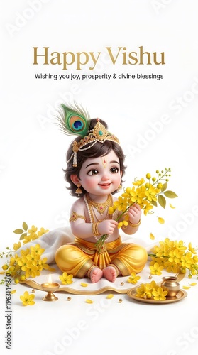 Little krishna in yellow outfit holding flowers on vishu festival