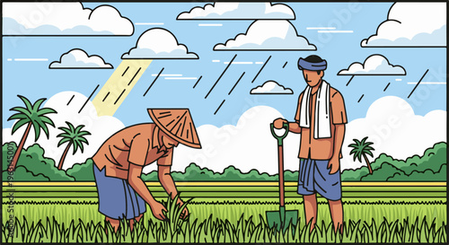 Farmers working in rice paddy fields under a rainy sky with sunbeams