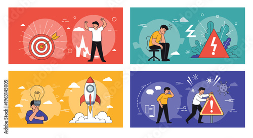 Set of illustrations depicting various emotional states and business situations including success, stress, ideas, and crisis.