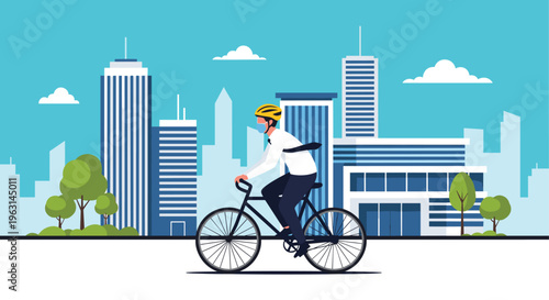 Businessman riding a bicycle through the city streets while wearing a protective face mask and safety helmet on his way to work.
