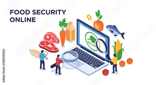Online food security concept showing people using magnifying glasses to inspect various fresh produce and meats on a laptop.