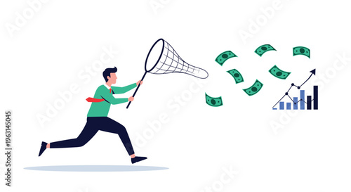 Man running with a butterfly net to catch floating dollar bills near a rising financial bar chart representing wealth and profit.