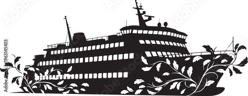 Black silhouette of a large ship with foliage boat