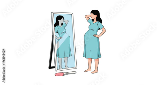 Pregnant woman looking in a mirror at her baby bump with a positive pregnancy test laying on the floor in front of her.