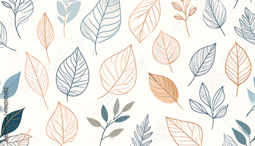 Seamless pattern background with a graceful array of hand-drawn leaf outlines, rendered in a soothing palette of earthy tones, perfect for elegant textile designs and digital aesthetics