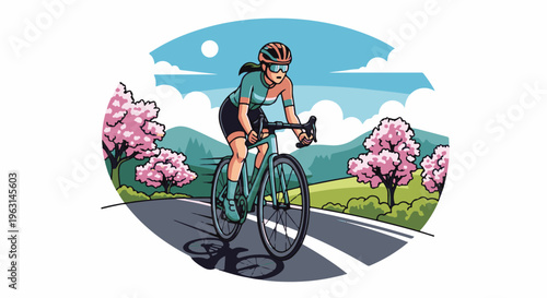 Female cyclist riding a bicycle on a scenic road surrounded by cherry blossom trees