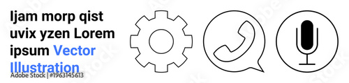 Communication, technology, audio recording, customer service, interface design, workplace tools. Gear, phone icon in chat bubble and microphone. Communication and technology concept