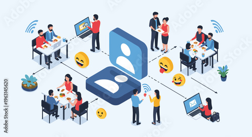 Social networking concept in isometric style showing people at tables interacting with mobile devices and laptops through apps.