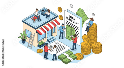 Isometric business concept of a loan agreement for a small shop with people reviewing documents near stacks of money and coins.