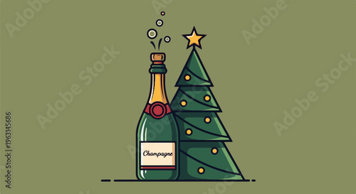 Festive bubbly in a bottle next to a decorated evergreen
