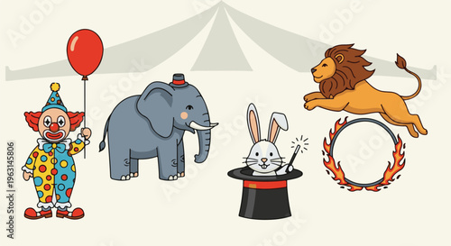 Festive circus performers and animals under a tent