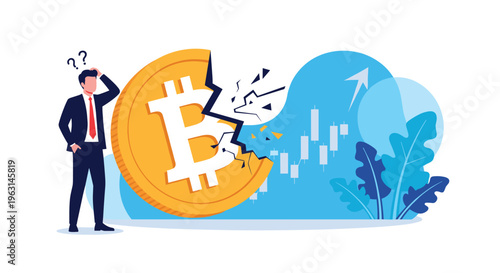 Concerned businessman looking at a cracked gold Bitcoin coin next to a falling financial chart indicating a market crash.