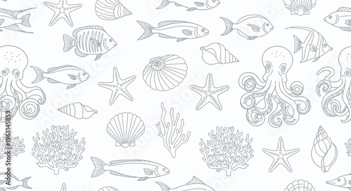 Seamless Pattern of Hand-Drawn Marine Life and Sea Creatures