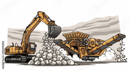 Excavator transfers rocks to stone crusher in a quarry
