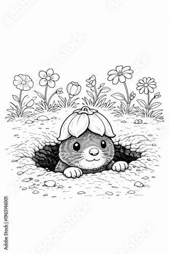 Cute mole peeking out from a hole with flowers in a black and white illustration
