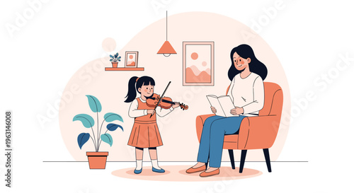 Young girl practicing the violin while her mother sits in an armchair reading a book in a modern and minimalist home setting.