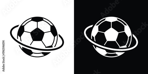 Creative sports icon showing a soccer ball with a planetary ring. Symbolizes global sports, international football tournaments, world cup events, and athletic networking.