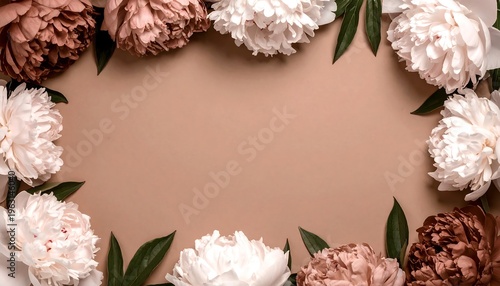Elegant Floral Border Frame with Peonies and Green Leaves on Brown Background.