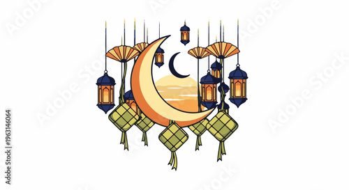 Festive crescent moon with hanging lanterns and rice cakes