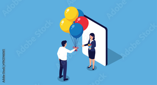 Man stepping outside a large digital screen to hand a bunch of colorful balloons and flowers to a woman in a business suit.