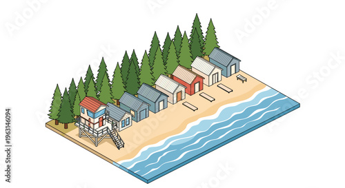 Isometric view of a peaceful beach shoreline with colorful huts, a lifeguard tower, pine trees, and gentle rolling waves.