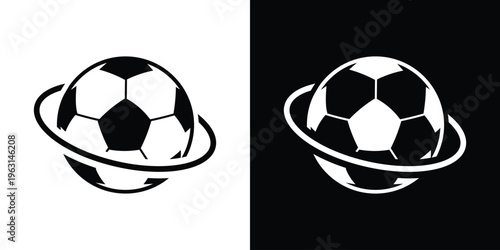 Creative sports icon showing a soccer ball with a planetary ring. Symbolizes global sports, international football tournaments, world cup events, and athletic networking.