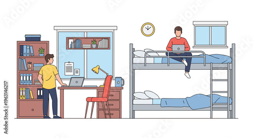Two students sharing a bedroom in a dormitory with one sitting on a bunk bed working on a laptop while the other is at a desk.