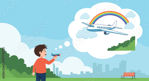 Young boy playing with a toy plane and dreaming of flying in a real passenger aircraft over green mountains and under a rainbow.