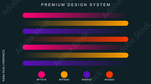 Premium design system color palette vector, modern UI kit with vibrant gradient bars and hex codes, professional brand identity style guide for web development and digital interface design