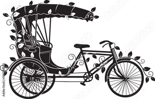 Black silhouette of a rickshaw with leafy vines tricycle