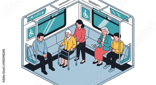 Isometric view of people inside a subway train car including an elderly woman with a walker being assisted by a passenger.