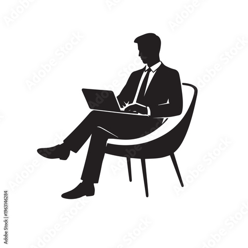 Business man working on laptop silhouette, remote work professional sitting on chair, productivity concept