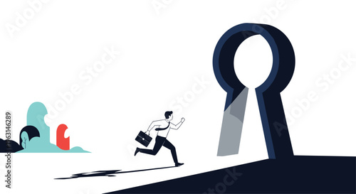 Silhouette of a businessman with a briefcase running towards a giant keyhole that is filled with bright light and opportunity.