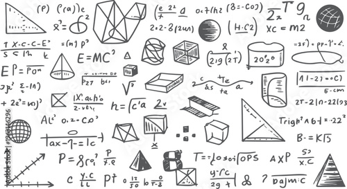 Hand drawn collection of geometric shapes mathematical equations and scientific formulas on white background