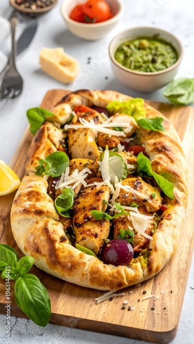 Wallpaper Mural Overhead shot of a rustic chicken and vegetable savory tart with pesto, fresh herbs, and parmesan on a wooden board Torontodigital.ca