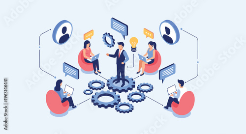 Diverse business team collaborates on complex projects while sitting in modern bean bags around giant mechanical gears.