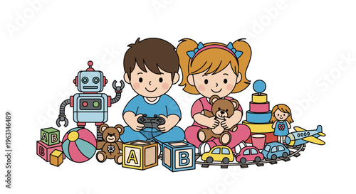Happy young children enjoy playing with diverse collection of colorful toys including robots blocks bears and cars.