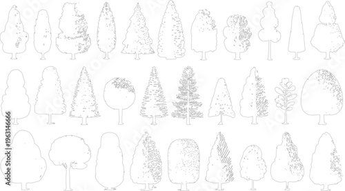 Collection of black and white line of various deciduous and coniferous trees with detailed foliage textures