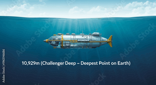 Deep Sea Submersible Exploring Challenger Deep Ocean Trench