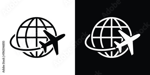 Global travel icon featuring an airplane flying along an orbital path around a globe. Ideal for international tourism, air cargo logistics, global aviation, and vacation booking themes.
