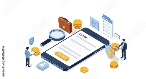 Insurance agents process mobile insurance claim using giant smartphone app interface with coins and security shield.