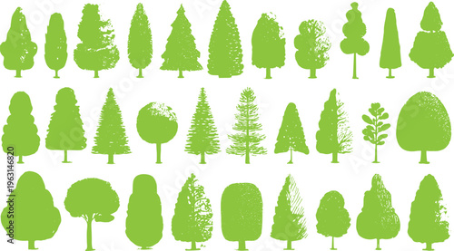 Collection of green tree silhouettes with varied shapes and textures on a white background