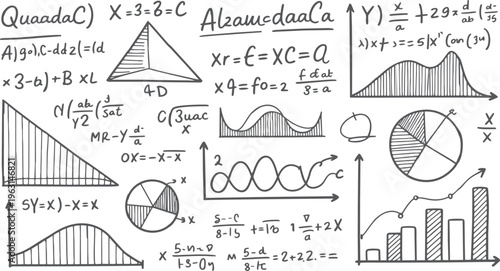 Hand drawn collection of mathematical equations graphs and geometric shapes on white background mathematics