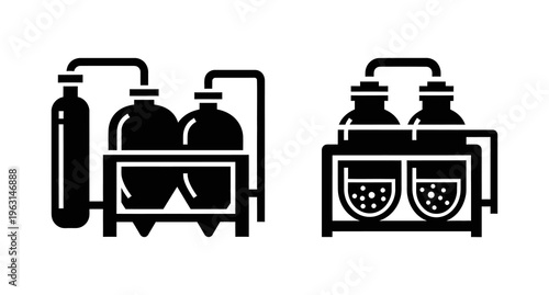Minimalist vector illustrations featuring essential industrial chemical processing equipment and advanced laboratory scientific experimentation apparatus for production and research endeavors